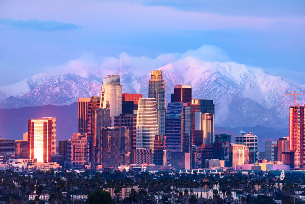 Los Angeles skyline and palm trees