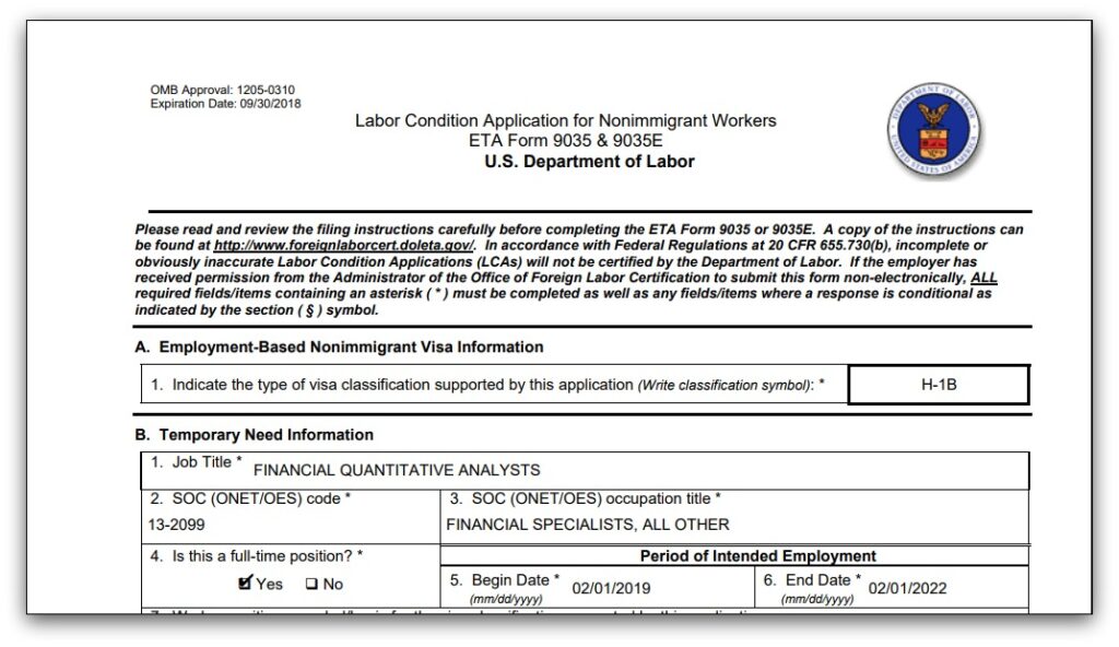 Mẫu Đơn xin Điều kiện Lao động (Labor Condition Application - LCA)