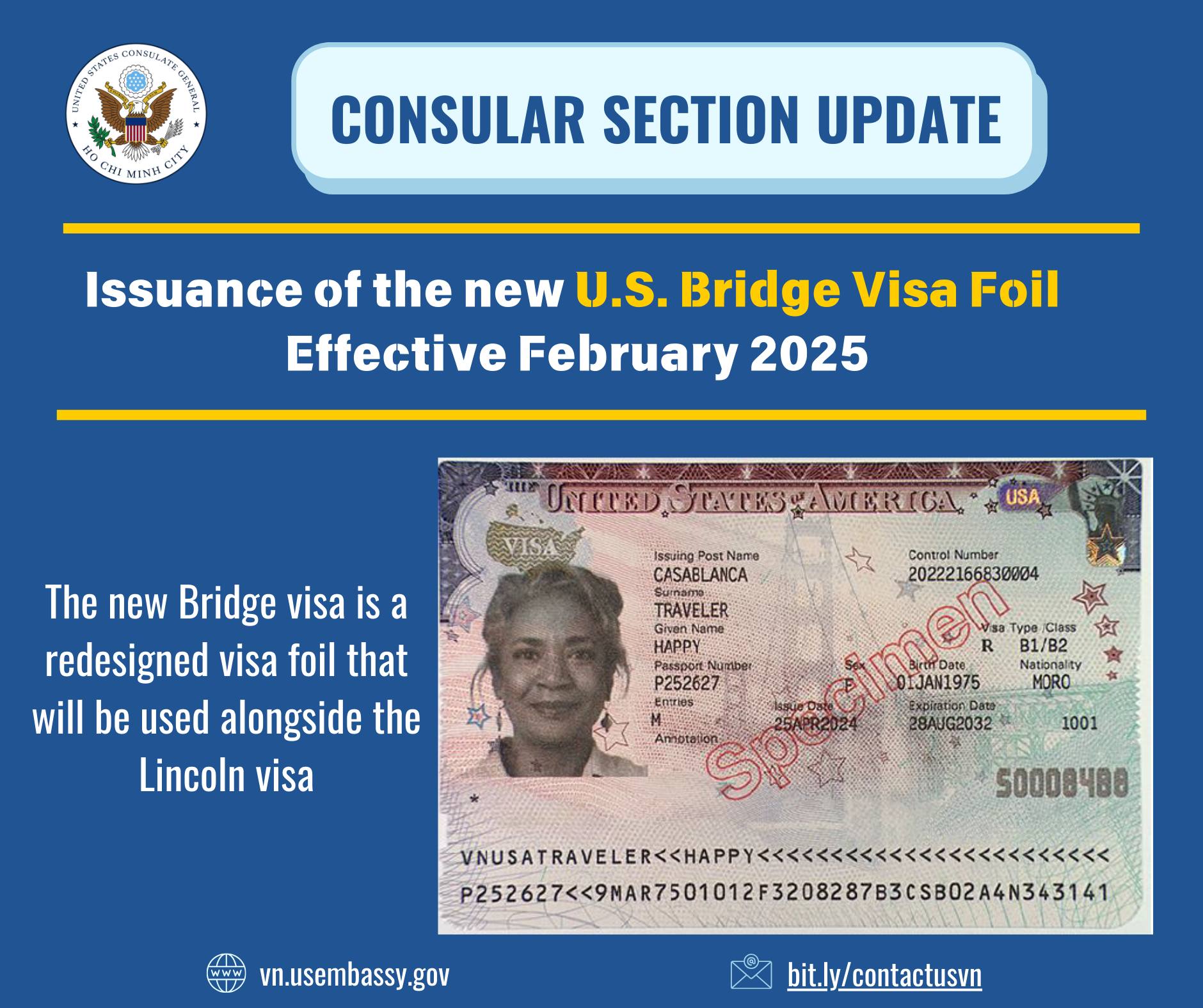 Mẫu Visa Mỹ mới – U.S. Bridge Visa Foil tại Việt Nam