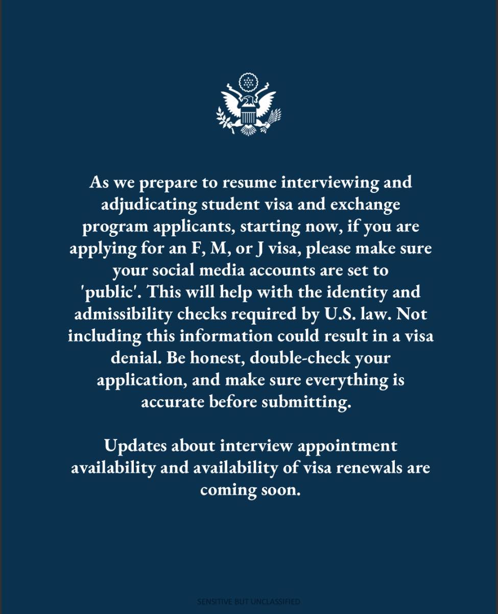 Important Announcement Regarding U.S. Student & Exchange Visitor Visa Interviews
