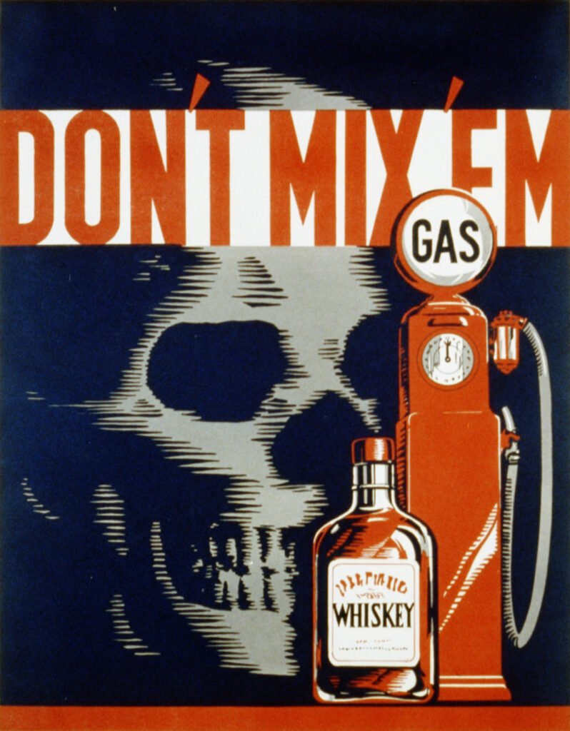 Poster 'Don't Mix 'Em' năm 1937 tại Mỹ tuyên truyền về việc không uống rượu, bia khi lái xe
